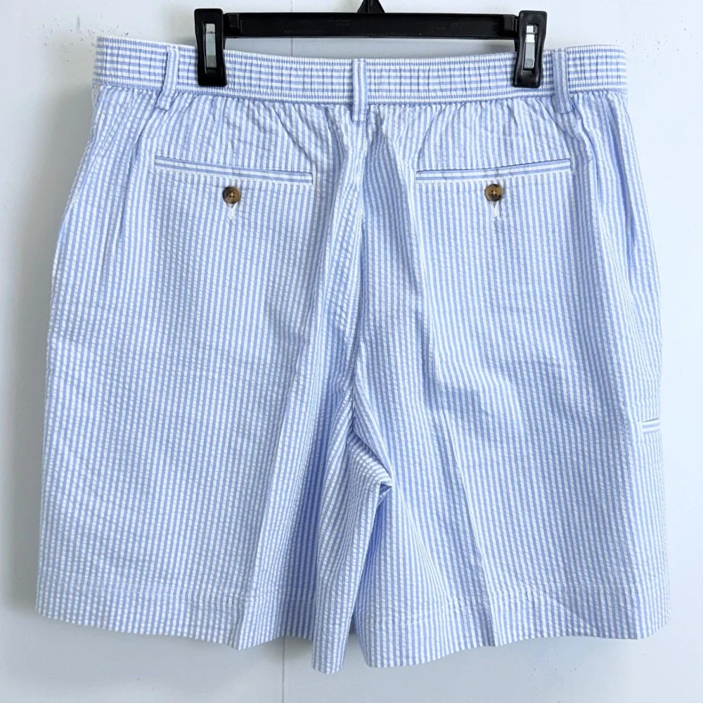 Saddlebred Mens Blue White Seersucker Pleated Shorts Striped Elastic Waist 38